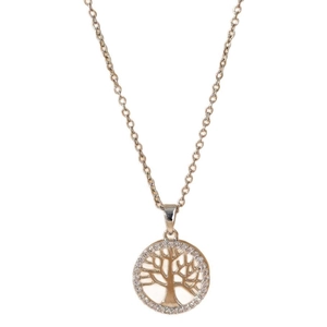 Rose gold Tree of Life necklace featuring a round pendant with micro-pave cubic zirconia