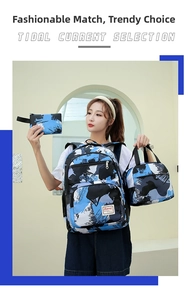 Modern blue camouflage 3-piece backpack set with lunch bag and pencil case shown with model