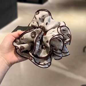 Vintage layered chiffon leopard print hair scrunchie with elastic band for ponytail