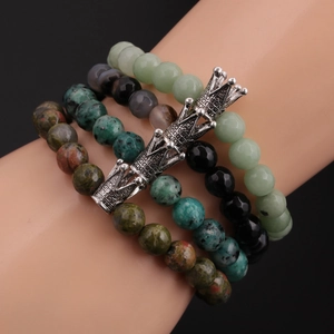 Faceted Natural Stone Beaded Bracelet With Alloy Crown Charm Elastic Handmade Yoga Healing Energy Jewelry For Men And Women