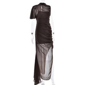 Detail of dark brown one-shoulder chiffon dress with pleated texture and side slit