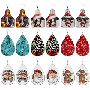 Christmas Teardrop Dangle Earrings PU Leather Santa Cow Leopard Buffalo Plaid Pattern Boho Alloy Jewelry For Women
