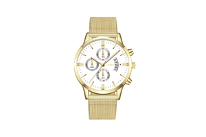 Detail of Yolako men's watch dial featuring three sub-dials and curved date display window