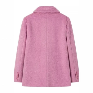 Pink wool plush lapel coat for women featuring a stylish loose fit and back seam detail