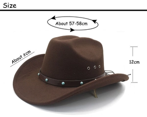 Brown wool cowboy hat detail with dimensions 57-58cm circumference and 8cm wide brim