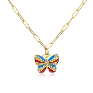 18K gold plated paperclip chain necklace featuring a colorful enamel butterfly pendant