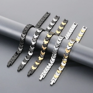 Men's tungsten steel bracelets in five colors with V-shaped links on grey stands