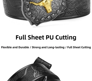 Detail of western cowboy belt featuring embossed floral patterns and a bull head buckle