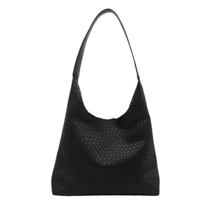 Classic black woven leather hobo shoulder bag with a minimalist large capacity design