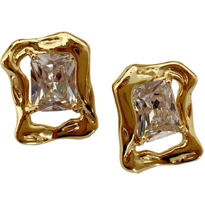 Vintage gold zircon earrings with irregular molten texture and rectangular crystal stones