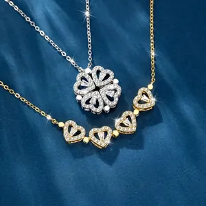 Magnetic clover necklace in gold and silver plating with heart-shaped diamond crystals