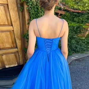 Royal blue spaghetti strap mesh ball gown with corset lace-up back design