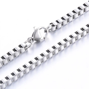 Close-up of silver stainless steel Venetian box chain with a lobster clasp fastener