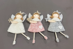 Detailed view of plush Christmas angel ornaments in white, pink, and gray colors