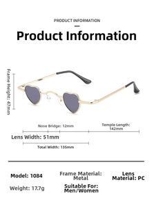 Detail view of heart-shaped sunglasses with gold metal frame and PC lenses and measurements