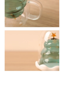Detailed macro view of the double-walled glass mugs with festive snowflake patterns