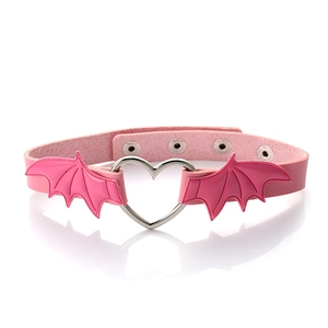 Pink faux leather choker with bat wings and heart-shaped metal ring for cosplay