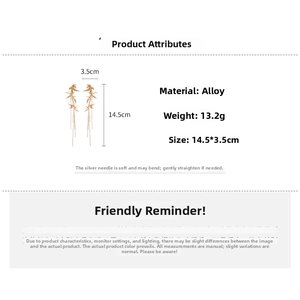 Detailed view of bamboo leaf earrings showing dimensions 14.5x3.5cm and silver needles