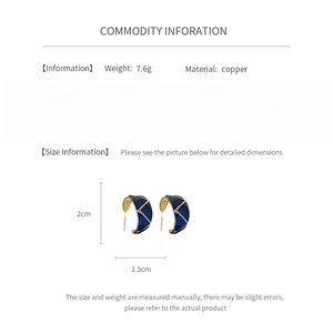 Detailed size specifications of blue and gold vintage enamel C-shape earrings for women