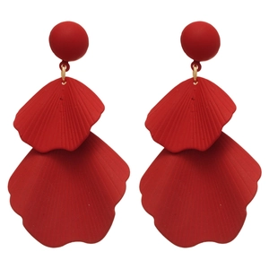 Elegant red double petal tassel earrings with matte texture and silver needle post