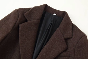 Detail view of coffee brown wool coat showing collar texture and black smooth inner lining