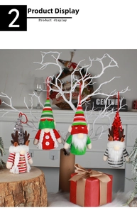 Detailed view of four festive Christmas gnomes with antlers and sequins hanging on branches