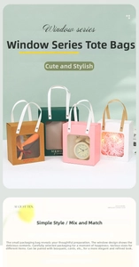 Detail of a paper gift bag with large transparent window and reinforced rivet handles