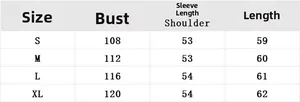 Detailed size chart for women long sleeve sweater including bust and sleeve measurements