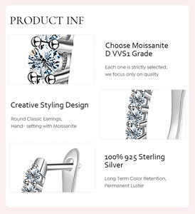 Detail showing D VVS1 Moissanite stones set in high quality 925 Sterling Silver earrings