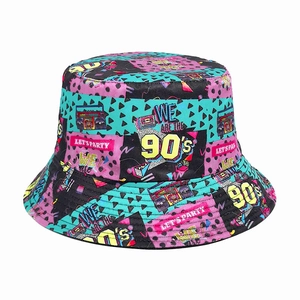 Retro Nineties Reversible Bucket Hat Colorful Print Polyester Streetwear Sun Protection Outdoor Travel For Men Women