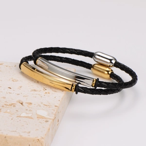 Men's braided leather bracelet set with polished gold and silver magnetic metal clasps