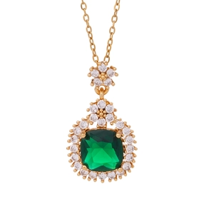 Vintage 18K gold necklace featuring a square emerald gemstone pendant with round diamonds