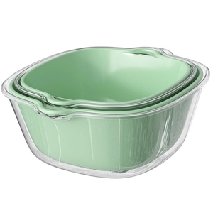 Double-layer kitchen drain basket set in green and transparent plastic with side handles