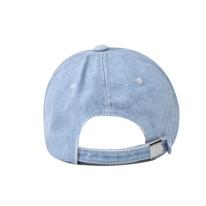 Rear view of washed denim baseball cap with adjustable metal buckle and fabric strap