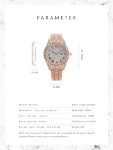 Detailed specifications chart for rose gold crystal-set watch with dimensions and features