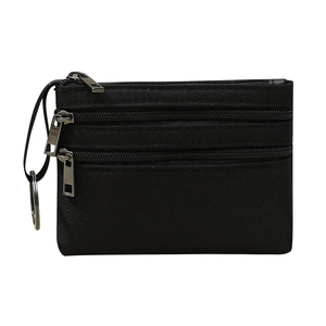 Petit porte-monnaie noir en toile avec trois fermetures éclair et porte-clés