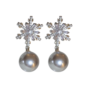 Elegant silver snowflake earrings with cubic zirconia and a grey hanging pearl drop