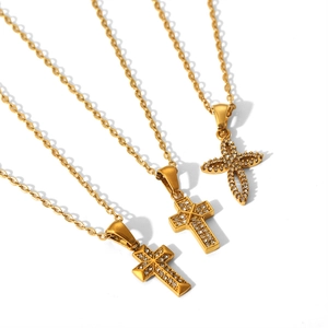 Minimalist gold plated stainless steel cross pendant necklace with sparkling rhinestones