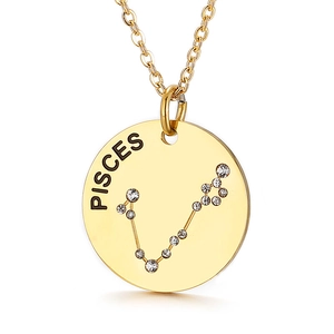 Golden Pisces zodiac necklace with rhinestone star patterns on a round metal pendant