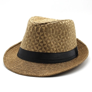 Classic men's summer straw fedora hat with black ribbon band on white background