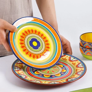 9-inch colorful floral ceramic plate with sunflower folk pattern for steak and pasta