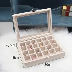 Detailed 20x15x4.7cm beige velvet 24-grid jewelry box with clear glass lid display