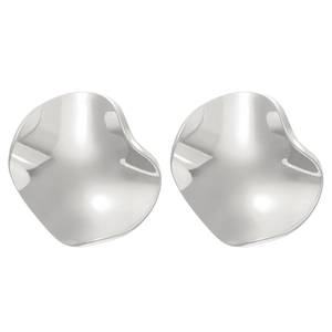 Detailed view of silver minimalist irregular wavy disc stud earrings with polished finish