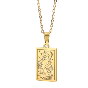 Golden stainless steel necklace featuring a rectangular Aquarius zodiac sign pendant