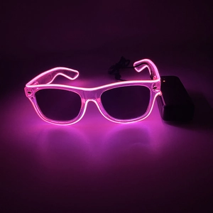Detailed view of pink LED EL wire glasses with connected battery pack on dark background