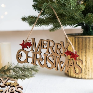Wooden Merry Christmas letter hanging sign with red star decor for Christmas tree