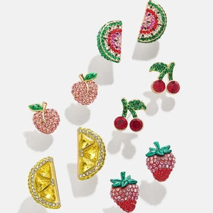 Sparkling crystal fruit earrings set with watermelon lemon cherry and peach designs
