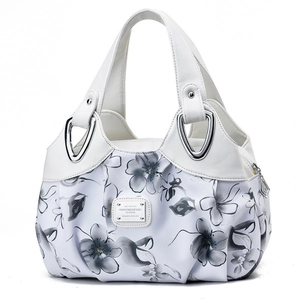 Chic white floral tote bag with grey print and elegant silver metal plaque detail