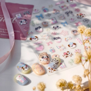 Puppy Party themed dog nail art stickers with cute bows and hearts on pastel colors