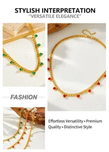Detail of gold-plated stainless steel chain with colorful heart-shaped zircon pendants